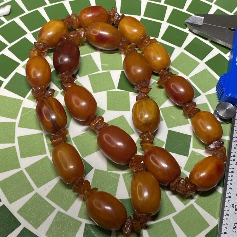 Antique Bakelite Necklace 90g Large 23mm Marbled Beads Amber ChipsTested1930-40s